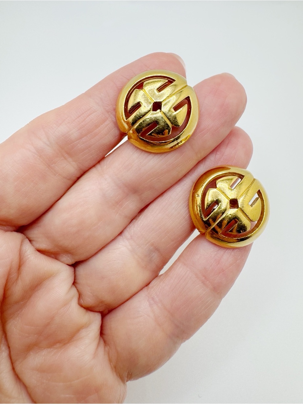 Vintage Trifari Gold Tone Round Geometric Cutout Clip-On Earrings